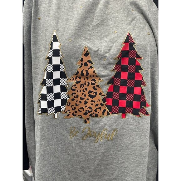 Holiday Time 1X Gray Long Sleeve T-Shirt With Plaid & Leopard Christmas Trees - Picture 3 of 6
